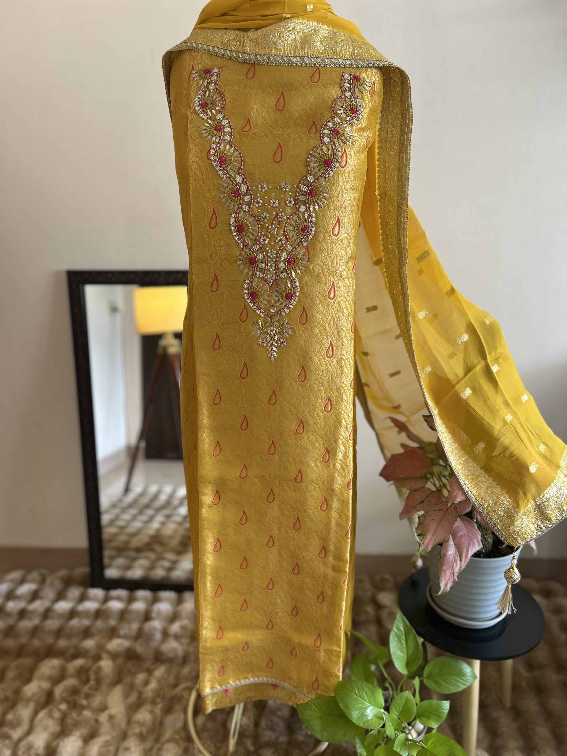 Yellow Gold Banarasi Tissue Suit