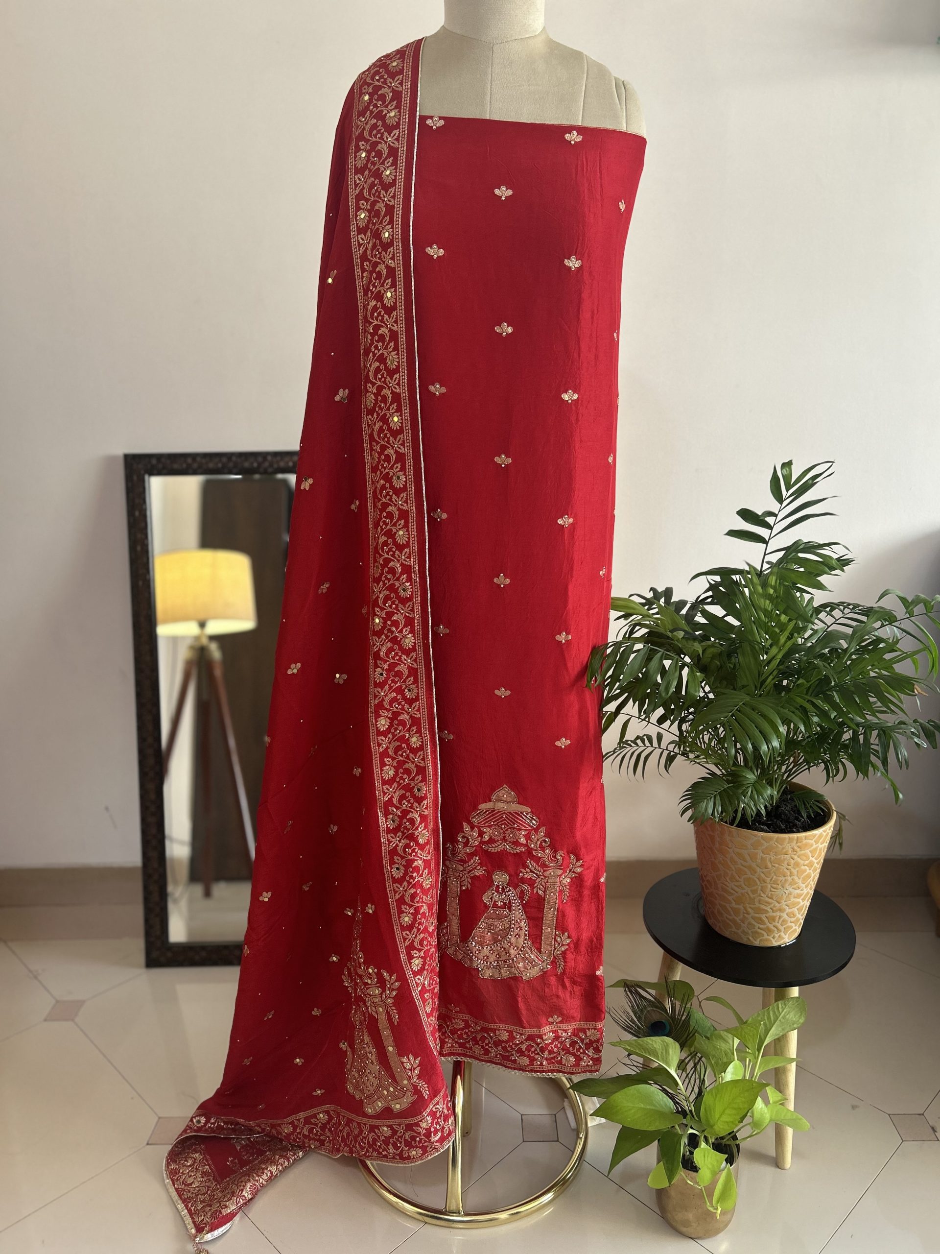 Pure Red Dola Silk Suit
