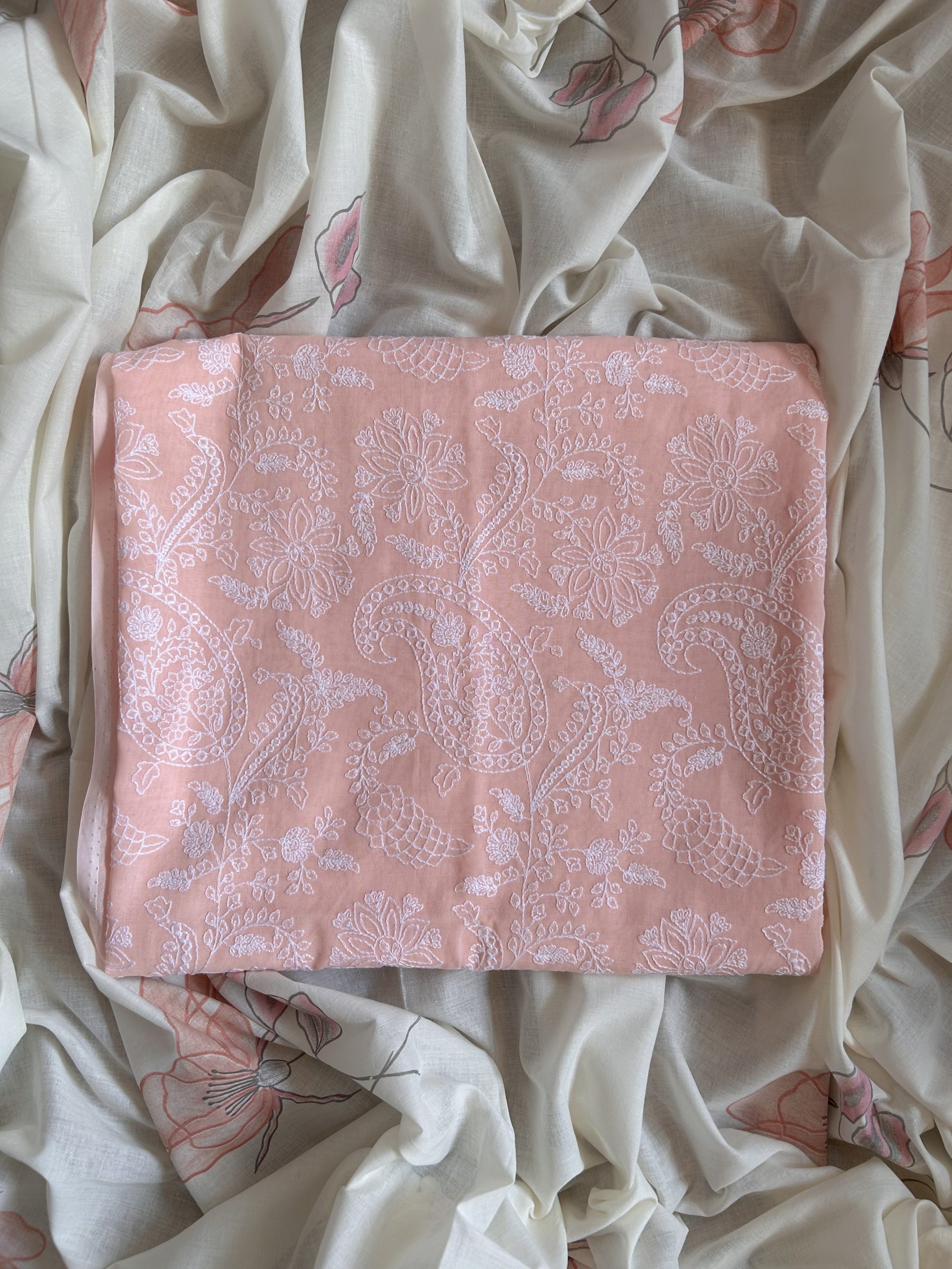 Pure Pastel Pink White Resham Cotton Suit